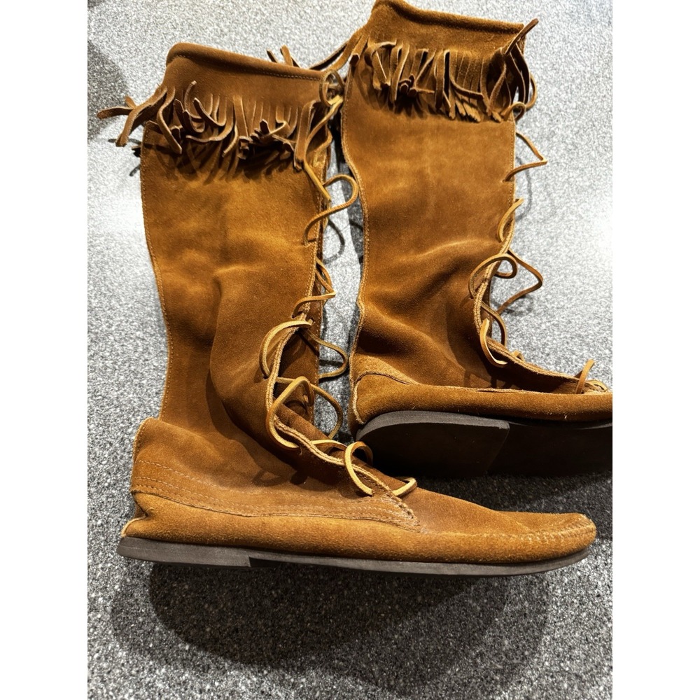 VTG 60s Minnetonka Moccasins SZ 10 Tall Fringe Suede Front Lace Up Boots SB23